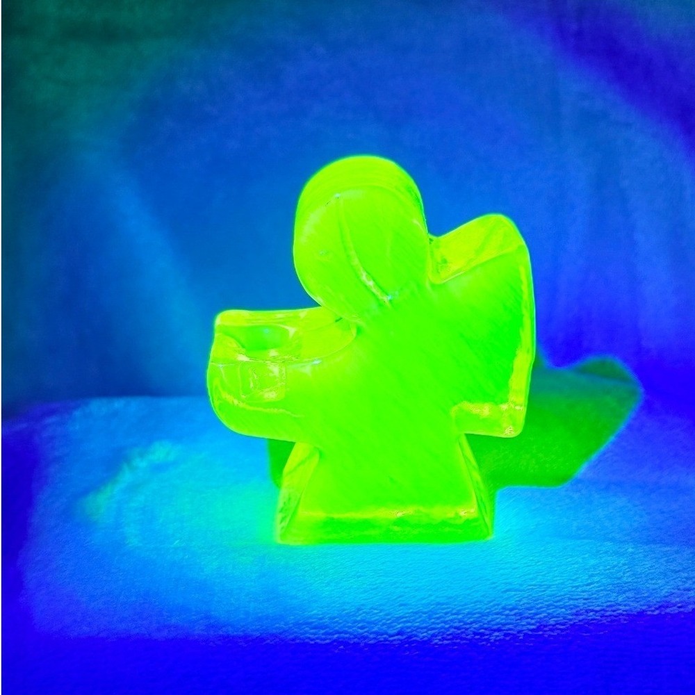 Czech Uranium Vaseline Glass Angel Mini Candlestick Holder Figurine Glowing